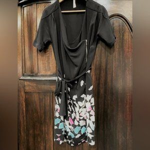 SPENCER LACY Pure Silk Black Floral Draped Zip Front Dress
